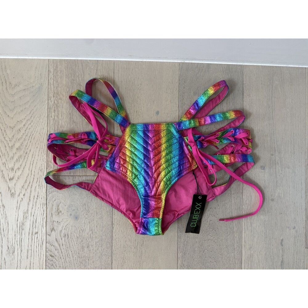 RARE NWT Dolls Kill Club Exx Rude Awakening Rainbow Metallic Lace-up Bottoms XL